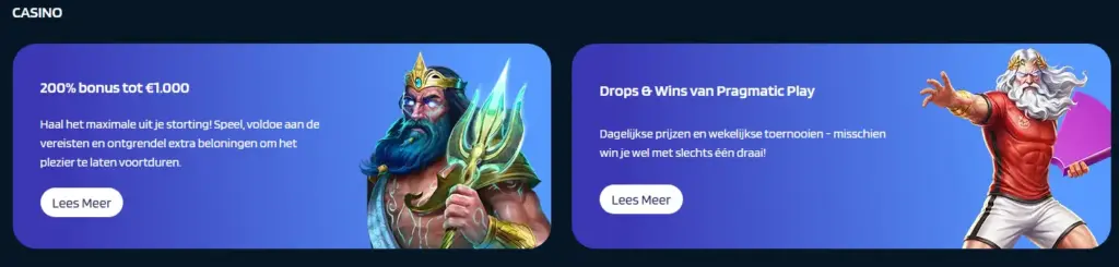 Sectie met promoties en beloningen voor casino spelers